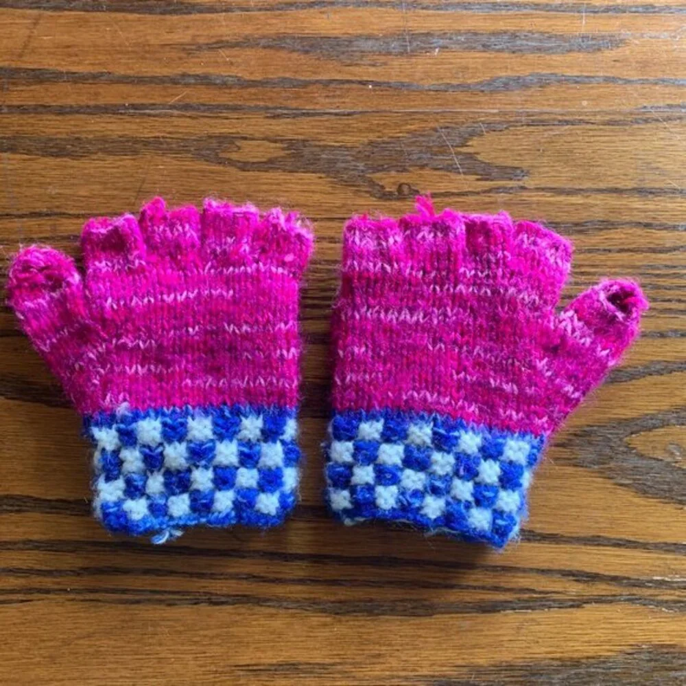 Gloves Hand Warmers Handmade Mitten Wool Fingerless Texting Pink‎ Blue Checkers